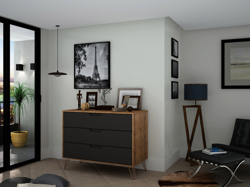 Commode Rockefeller de Manhattan Comfort de style moderne du milieu du 20e siècle avec 3 tiroirs - naturelle et gris texturé