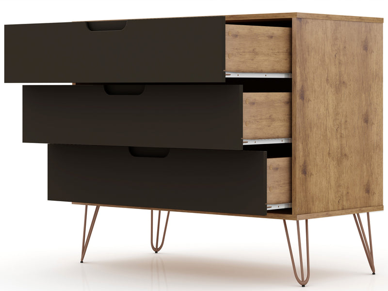Commode Rockefeller de Manhattan Comfort de style moderne du milieu du 20e siècle avec 3 tiroirs - naturelle et gris texturé