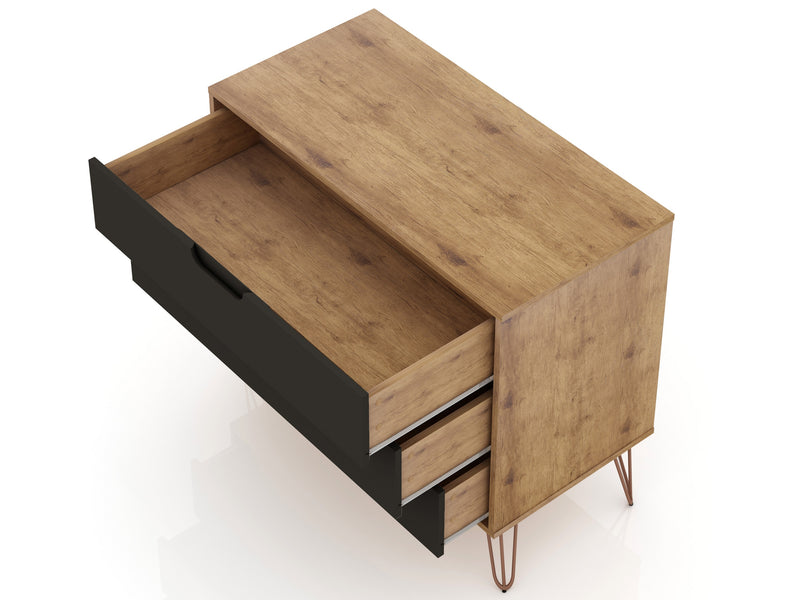 Commode Rockefeller de Manhattan Comfort de style moderne du milieu du 20e siècle avec 3 tiroirs - naturelle et gris texturé