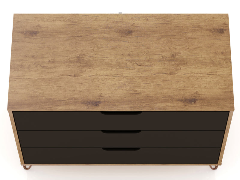 Commode Rockefeller de Manhattan Comfort de style moderne du milieu du 20e siècle avec 3 tiroirs - naturelle et gris texturé