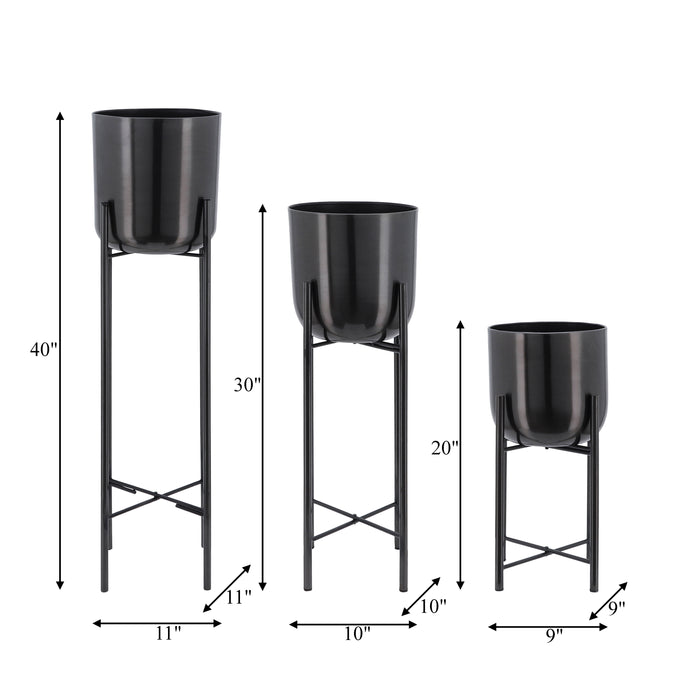 Cache-pot de 20 po/30 po/40 po en métal gris métallisé sur support - ensemble de 3