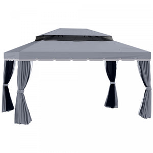 Outsunny 13' X 10' Tonnelle De Terrasse Exterieure Avec Double Toit En Polyester, Parois Laterales En Maille Ventilee Et Cadre En Aluminium Solide, Gris Fonce