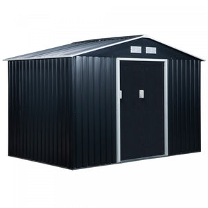 Outsunny 9' X 6' Abri De Rangement En Metal Avec Double Portes Coulissantes, 4 Bouches D'aeration Pour Jardin, Terrasse, Pelouse, Gris Fonce