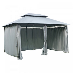 Outsunny 10 'x 13' Gazebo D'exterieur A Toit Souple Avec Rideaux, Tonnelle A Cadre En Acier A 2 Niveaux Pour Terrasse, Gris