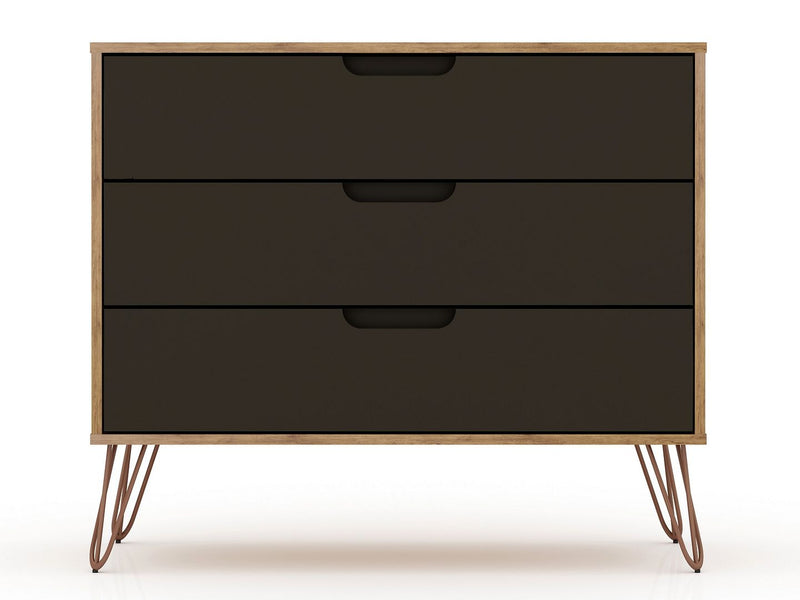 Commode Rockefeller de Manhattan Comfort de style moderne du milieu du 20e siècle avec 3 tiroirs - naturelle et gris texturé