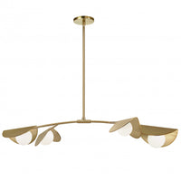 Luminaire suspendu horizontal Emma de Dainolite en verre blanc, avec fini laiton vieilli et 4 ampoules