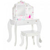 Qaba Coiffeuse Et Tabouret Pour Enfants Coiffeuse Pour Filles Bureau De Maquillage Avec Miroirs Tri-pliants Tiroir Motif Etoile Et Cœur Blanc