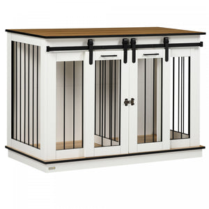 Pawhut Meuble Pour Cage De Chien Avec Panneau De Separation, Meuble Tv En Bois Pour Grands Chiens, Table D'appoint Pour 2 Petits Chiens Avec Design A Deux Pieces, 2 Portes Coulissantes, Blanc.