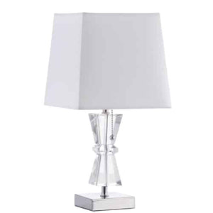 Lampe de table Crystal de Dainolite en forme de trapézoïde de cristal, avec abat-jour blanc, fini chromé poli et 1 ampoule