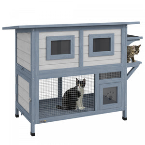 Pawhut Niche D'exterieur Pour Chat, Abri En Bois A 2 Niveaux Avec Porte, Toit Resistant Aux Intemperies, Plateforme De Saut, Fenetres D'observation, Pour 1 A 2 Chats, Utilisation Exterieur, Gris Clair