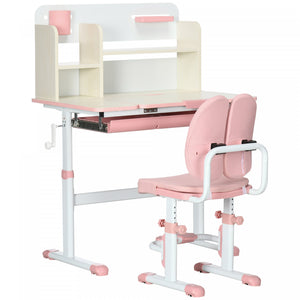 Qaba Ensemble Bureau Et Chaise Pour Enfants, Bureau Et Chaise D'etudiant Reglables En Hauteur Avec Dossier De Siege Adaptatif, Repose-pieds, Etagere, Tiroir, Porte-stylo, Rose