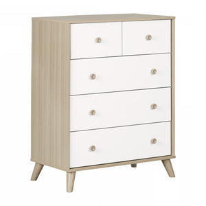 Commode verticale de rangement Yodi à 5 tiroirs - orme naturel et blanc