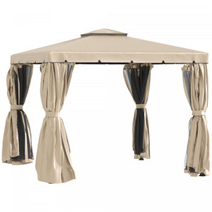 Belvedere De Patio Exterieur De 10 Pi X 10 Pi Outsunny Double Toit Souple Abri De Jardin Tente Avec De Beaux Rideaux En Polyester Et Des Rideaux En Maille, Kaki