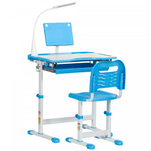 Qaba Ensemble De Bureau Et Chaise Pour Enfants Avec Bureau Inclinable, Lampe A Led, Boite A Stylos, Tiroir, Tableau De Lecture, Porte-gobelet, Fentes Pour Stylos, Bleu