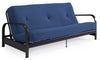 Armature de futon Cleo de format lit double avec accoudoirs en métal noir et matelas à rembourrage en polyester à haute densité thermolié de 6 po - bleu