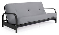 Armature de futon Cleo de format lit double avec accoudoirs en métal noir et matelas à rembourrage en polyester à haute densité thermolié de 6 po