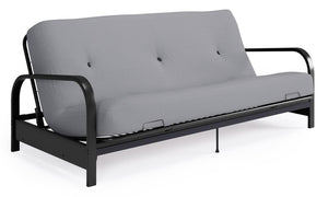 Armature de futon Cleo de format lit double avec accoudoirs en métal noir et matelas à rembourrage en polyester à haute densité thermolié de 6 po - gris