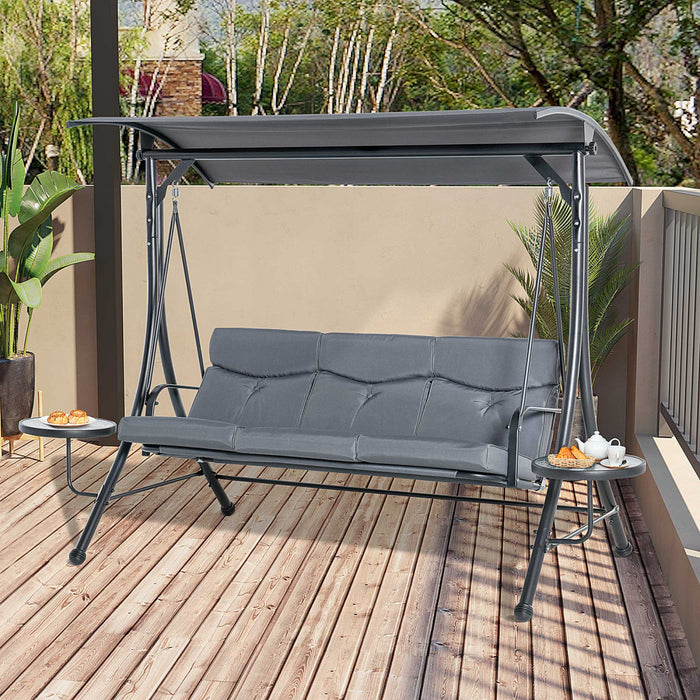 Chaise Pivotante Outsunny A 3 Places Chaise Pivotante En Acier Avec Auvent Reglable, Tables Basses Et Coussin Pour Jardin Patio