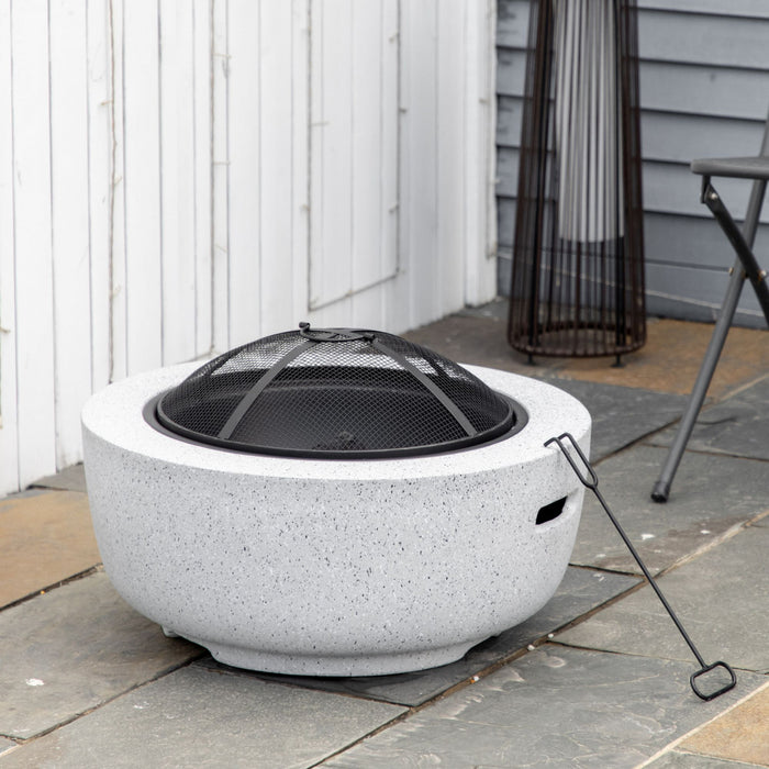 Outsunny Foyer D'exterieur 24\" Avec Effet Pierre, Foyer Au Bois Avec Pare-etincelles Et Tisonnier Pour Feu De Camp De Jardin, Gris