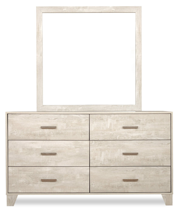 Ensemble de chambre à coucher Arbor 6 pièces bois de grève blanc avec lit à panneaux, commode, miroir et table de nuit - format lit double