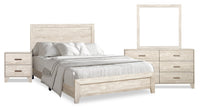  Ensemble de chambre à coucher Arbor 6 pièces bois de grève blanc avec lit à panneaux, commode, miroir et table de nuit - format lit double