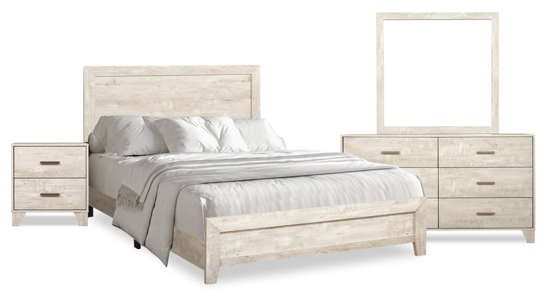 Ensemble de chambre à coucher Arbor 6 pièces bois de grève blanc avec lit à panneaux, commode, miroir et table de nuit - format lit double