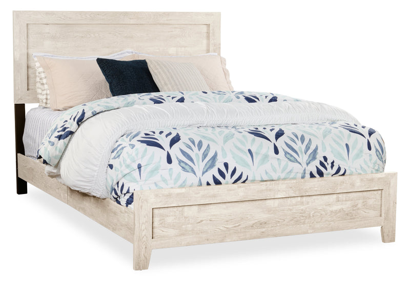 Ensemble de chambre à coucher Arbor 6 pièces bois de grève blanc avec lit à panneaux, commode, miroir et table de nuit - format grand lit