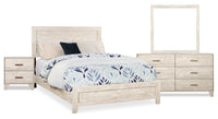  Ensemble de chambre à coucher Arbor 6 pièces bois de grève blanc avec lit à panneaux, commode, miroir et table de nuit - format grand lit