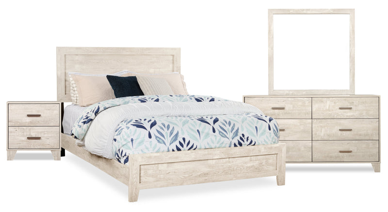 Ensemble de chambre à coucher Arbor 6 pièces bois de grève blanc avec lit à panneaux, commode, miroir et table de nuit - format grand lit