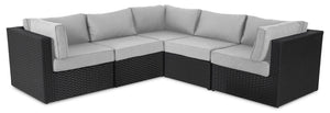 Ensemble Barbados 5 pièces pour la terrasse à l’extérieur avec 3 fauteuils en coin et 2 fauteuils sans accoudoirs - osier en résine tressé à la main, résistant aux rayons UV et aux intempéries - noir et gris