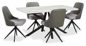 Ensemble de salle à manger Bari 5 pièces en métal avec table de 63 po (L) avec dessus en céramique d’apparence marbre et 4 chaises pivotantes grises