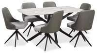  Ensemble de salle à manger Bari 7 pièces en métal avec table de 63 po (L) avec dessus en céramique d’apparence marbre et 6 chaises pivotantes grises