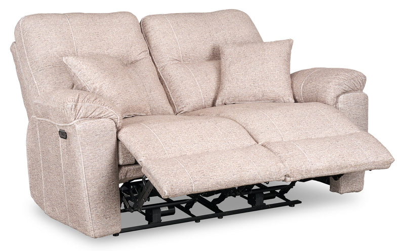 Causeuse à inclinaison électrique Dawson de 64 po fabriquée au Canada en tissu avec port USB et coussins décoratifs - beige