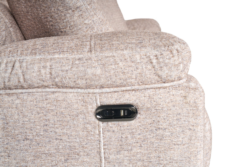 Causeuse à inclinaison électrique Dawson de 64 po fabriquée au Canada en tissu avec port USB et coussins décoratifs - beige