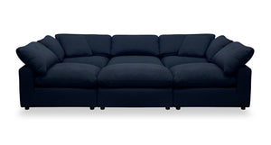 Sofa sectionnel modulaire de style cocon Eclipse 6 pièces en tissu d’apparence lin avec coussins réversibles en duvet et plumes - bleu marine