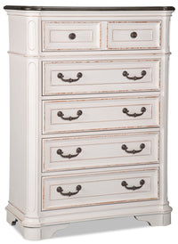  Commode verticale Grace de 38 po (L) x 52 po (H) à 5 tiroirs avec plateau de rangement à dessus relevable pour la chambre à coucher - blanc antique