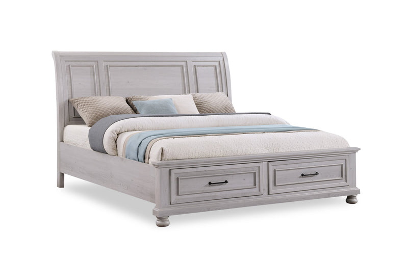Ensemble de chambre à coucher Kylie 5 pièces sable avec lit de rangement, commode et miroir - format très grand lit