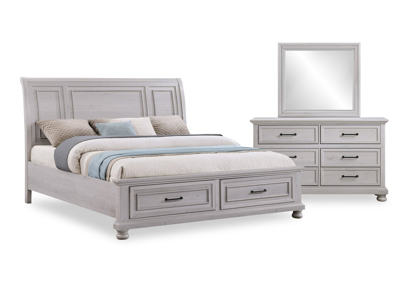 Ensemble de chambre à coucher Kylie 5 pièces sable avec lit de rangement, commode et miroir - format très grand lit