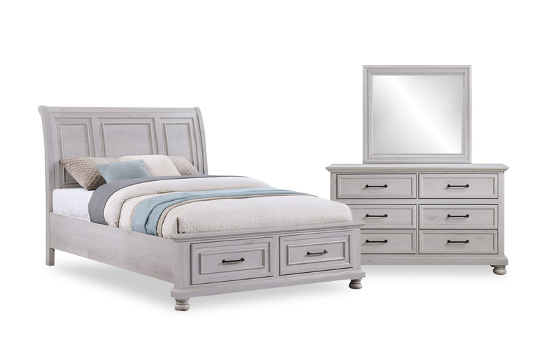 Ensemble de chambre à coucher Kylie 5 pièces sable avec lit de rangement, commode et miroir - format grand lit