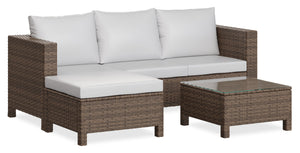 Ensemble de conversation Miami 3 pièces pour la terrasse à l’extérieur avec sofa, pouf et table à café à dessus en verre - osier en résine tressé à la main, résistant aux rayons UV et aux intempéries - brun et taupe