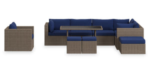 Ensemble Naples 10 pièces pour la terrasse à l’extérieur avec 3 fauteuils en coin, 2 fauteuils sans accoudoirs, fauteuil, grand pouf, 2 petits poufs et table de hauteur standard - osier en résine tressé à la main, résistant aux rayons UV et aux intempéries - naturel et bleu