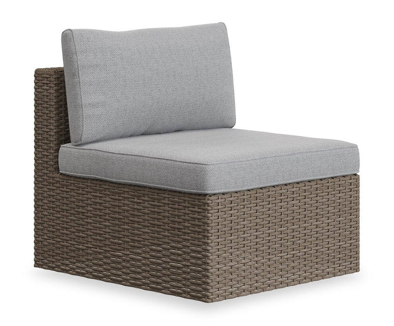 Ensemble Naples 7 pièces pour la terrasse à l’extérieur avec 3 fauteuils en coin, 2 fauteuils sans accoudoirs, fauteuil pour la terrasse et pouf - osier en résine tressé à la main, résistant aux rayons UV et aux intempéries - naturel et gris