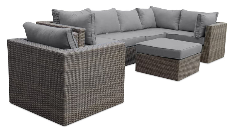 Ensemble Naples 7 pièces pour la terrasse à l’extérieur avec 3 fauteuils en coin, 2 fauteuils sans accoudoirs, fauteuil pour la terrasse et pouf - osier en résine tressé à la main, résistant aux rayons UV et aux intempéries - naturel et gris