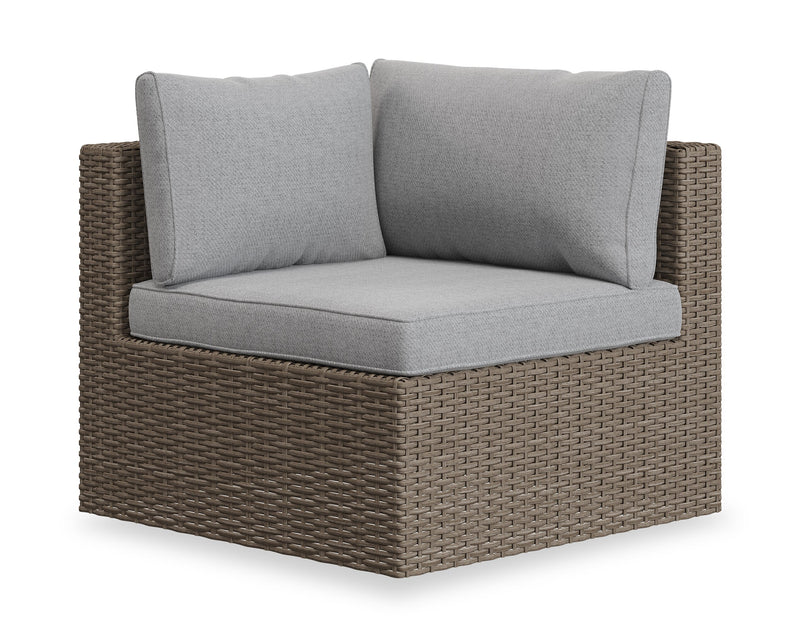 Ensemble Naples 7 pièces pour la terrasse à l’extérieur avec 3 fauteuils en coin, 2 fauteuils sans accoudoirs, fauteuil pour la terrasse et pouf - osier en résine tressé à la main, résistant aux rayons UV et aux intempéries - naturel et gris