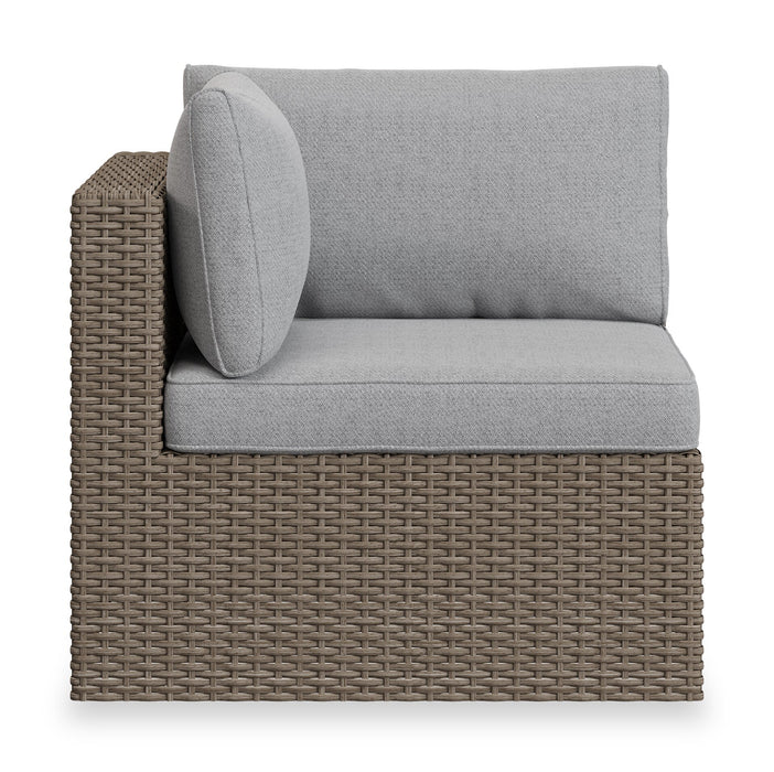Ensemble Naples 7 pièces pour la terrasse à l’extérieur avec 3 fauteuils en coin, 2 fauteuils sans accoudoirs, fauteuil pour la terrasse et pouf - osier en résine tressé à la main, résistant aux rayons UV et aux intempéries - naturel et gris