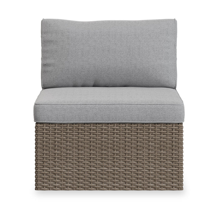 Ensemble Naples 7 pièces pour la terrasse à l’extérieur avec 3 fauteuils en coin, 2 fauteuils sans accoudoirs, fauteuil pour la terrasse et pouf - osier en résine tressé à la main, résistant aux rayons UV et aux intempéries - naturel et gris