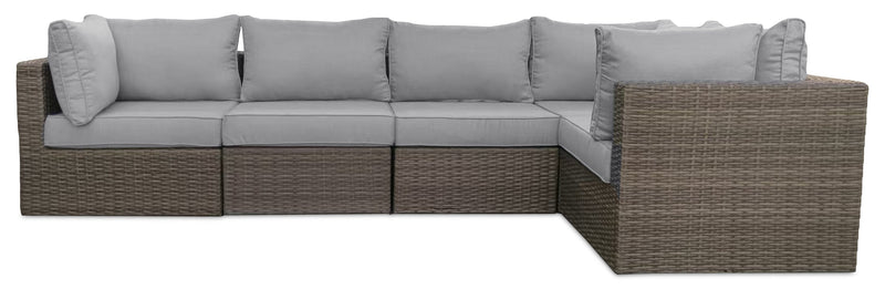 Ensemble Naples 7 pièces pour la terrasse à l’extérieur avec 3 fauteuils en coin, 2 fauteuils sans accoudoirs, fauteuil pour la terrasse et pouf - osier en résine tressé à la main, résistant aux rayons UV et aux intempéries - naturel et gris