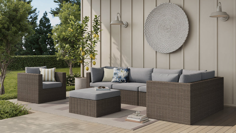 Ensemble Naples 7 pièces pour la terrasse à l’extérieur avec 3 fauteuils en coin, 2 fauteuils sans accoudoirs, fauteuil pour la terrasse et pouf - osier en résine tressé à la main, résistant aux rayons UV et aux intempéries - naturel et gris