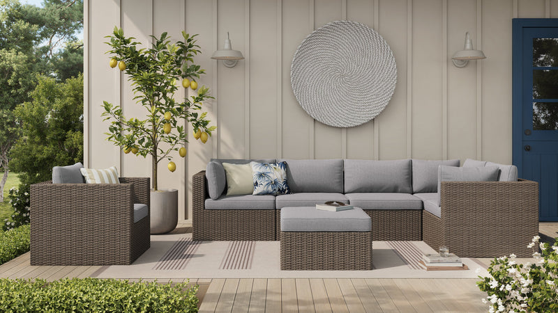 Ensemble Naples 7 pièces pour la terrasse à l’extérieur avec 3 fauteuils en coin, 2 fauteuils sans accoudoirs, fauteuil pour la terrasse et pouf - osier en résine tressé à la main, résistant aux rayons UV et aux intempéries - naturel et gris