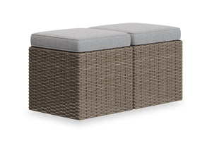 Ensemble de 2 petits poufs Naples pour la terrasse à l’extérieur - osier en résine tressé à la main, résistant aux rayons UV et aux intempéries - naturel et gris